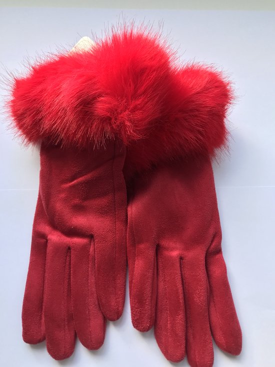 Warme Handschoenen Dames Rood met nepbont decoratie Een Maat Trendy