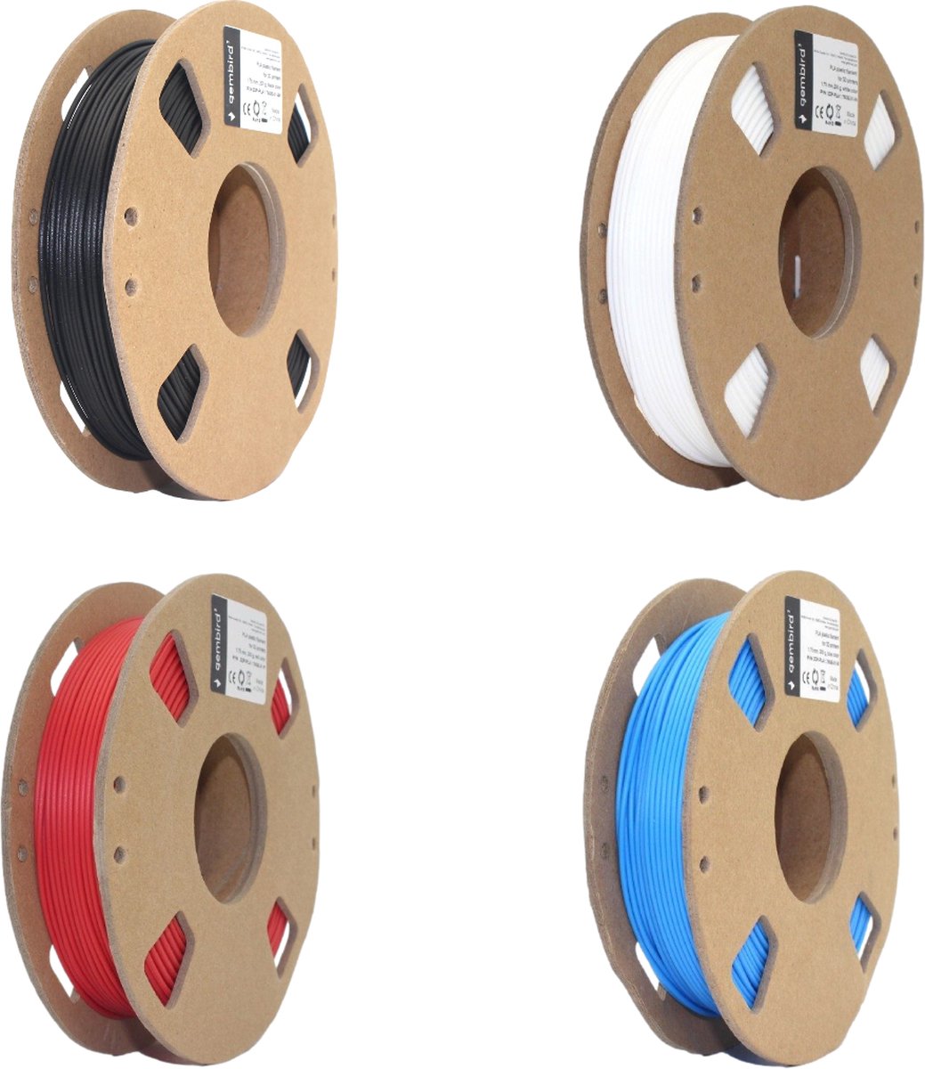 Gembird PLA Filament - 1.75mm - 200 gram- Voordeelset - Zwart, Wit, Rood, Blauw - 3D printer filament
