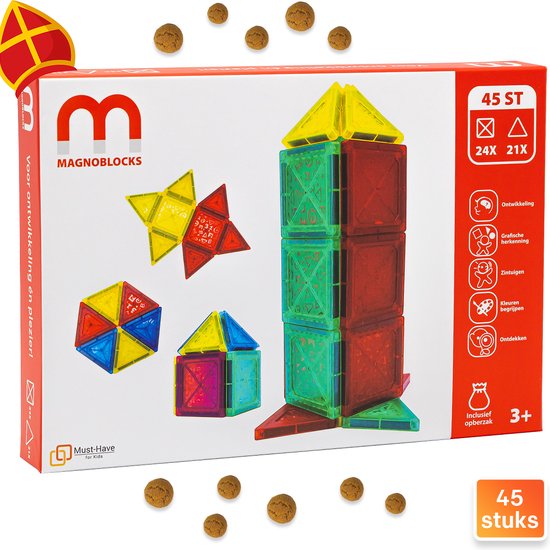 MagnoBlocks "45x Bouwstenen" - Sinterklaas Cadeautjes - Magnetische - Magnetic Blocks - Magneten - Magneet Speelgoed - Constructie - Montessori - Jongens - 4 - 5 - 6 - 7 - 8 - Jaar - Magnetisch - Magformers - Bouwblokken - Bouwen - Tegels - Tiles