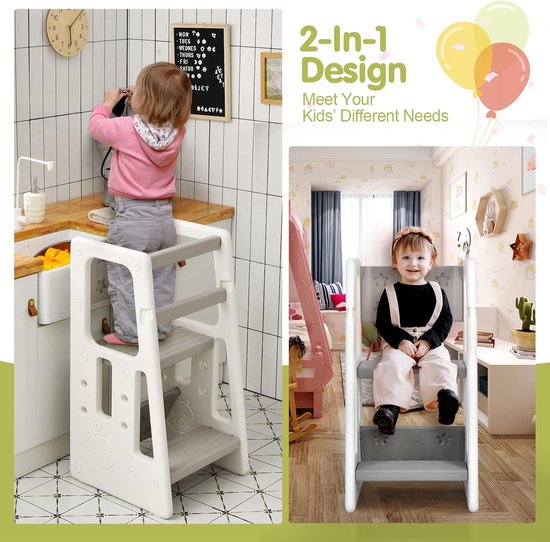 Marchepied Enfant 2 Marches Antidérapant - Design Sécurisé, Hauteur Réglable, Pour Salle De Bain Et Douche (Gris Et Blanc)