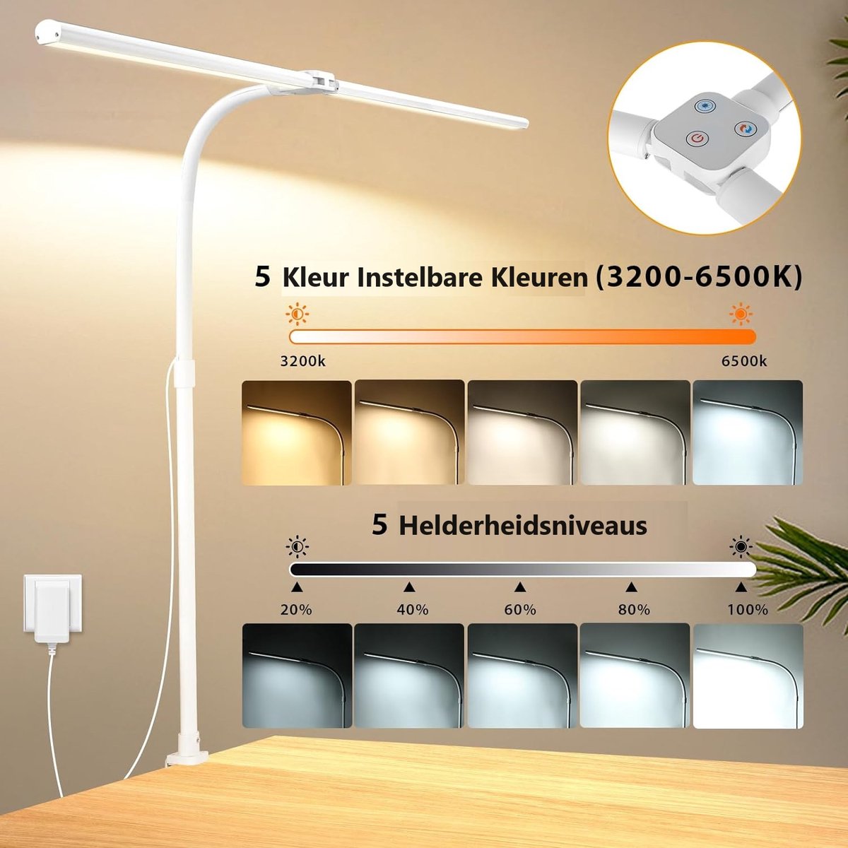 Lampen District® - Bureaulamp led dimbaar - Oog beschermende LED - Flexibele Werklamp - 5 Lichtstanden & 5 Helderheidsniveaus - Wit thumbnail 3