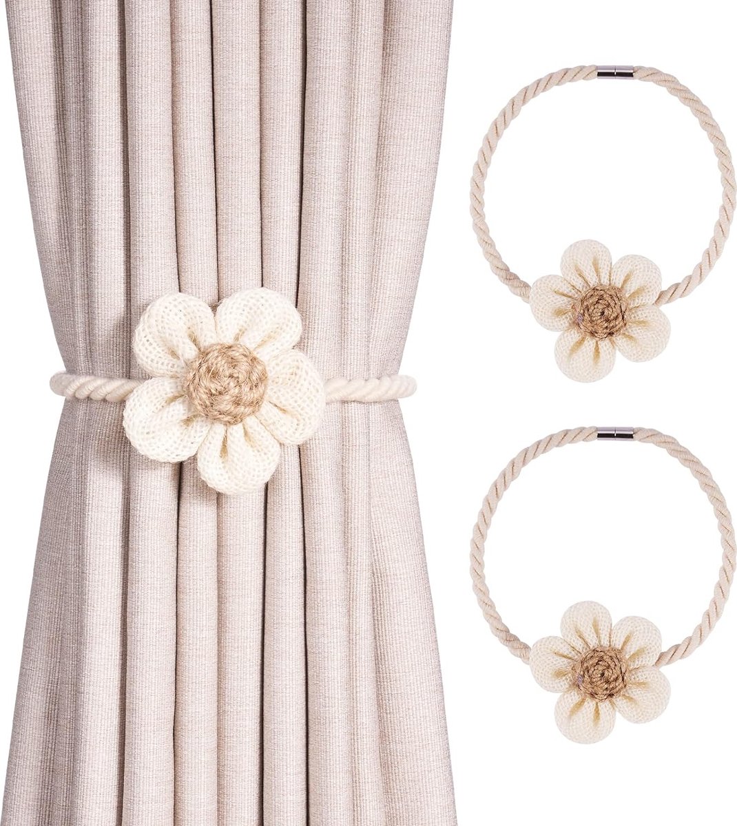 Magnetische Gordijnkoorden Set van 2, Kameli Gordijnhouders, Gordijnklemmen voor Gordijnen, Boho Decoratie, Gordijnkoord met trekkoord, Beige Gordijnkoord voor Thuisdecoratie.