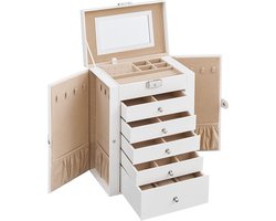 Sieradendoos, grote juwelendoos met 6 niveaus, juwelendoos met zijdelingse scharnierende deuren, laden, spiegel en sluiting, voor ringen, oorbellen, valentijnscadeau voor haar, wit