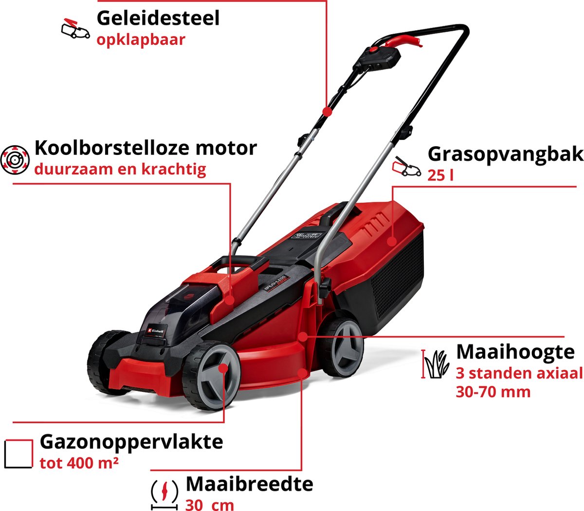 Einhell Accu Grasmaaier GE-CM 18/30 Li Kit - Power X-Change - 18 V/Li-ion - Maaibreedte: 30 cm - Aanbevolen gazonoppervlakte: tot 150 m² - 25 L opvangzak - Maaihoogte: 30-70 mm - Incl. 3.0 Ah Accu en lader – foto 3