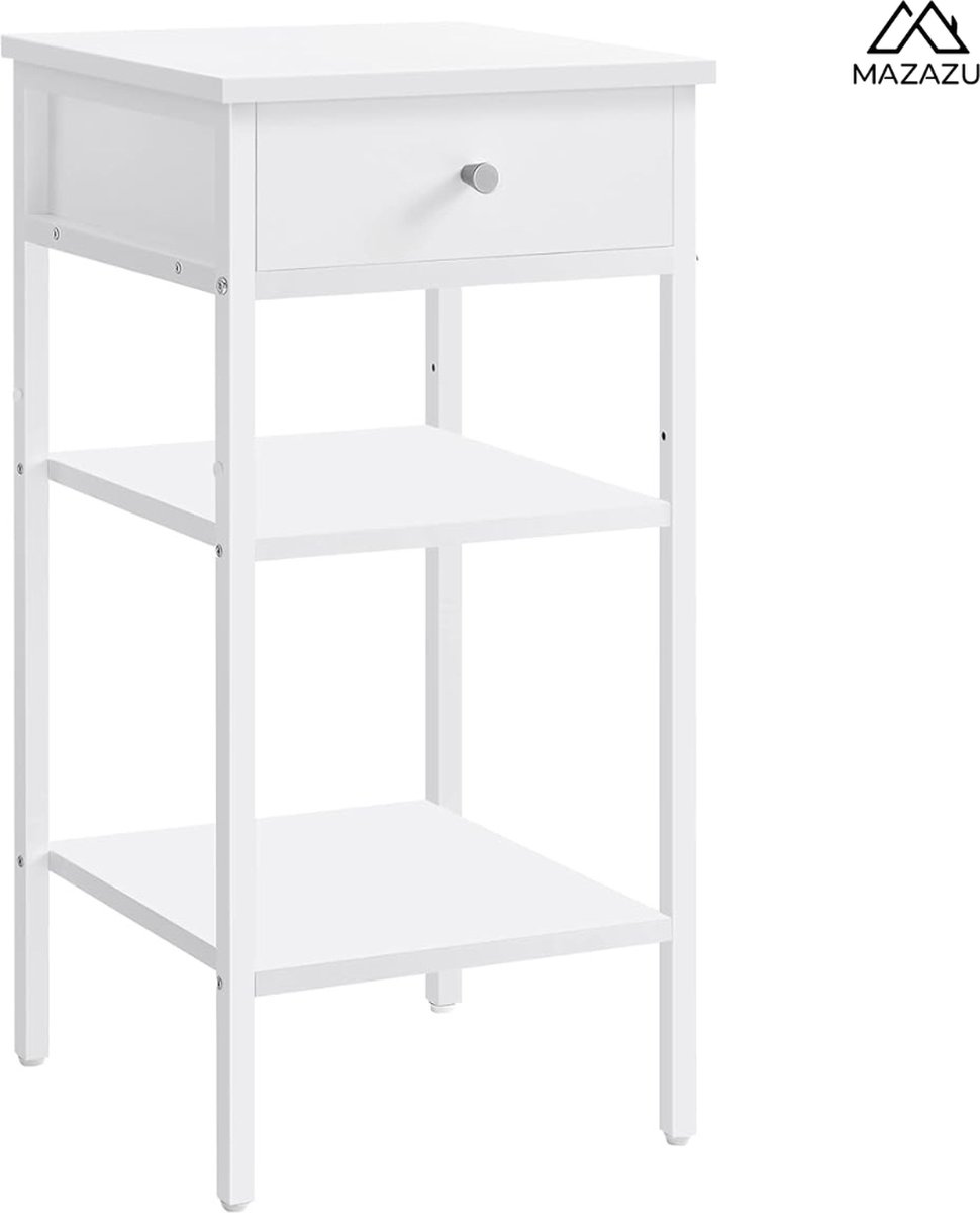 MAZAZU MIRA Home Nachtkastje met Schuifdeur - Bijzettafel met Open Vak - Hout - Rustiek Wit - 35x35x70 cm