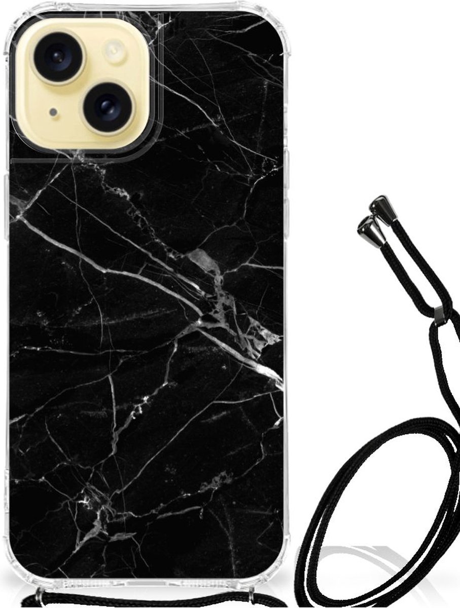 Apple iPhone 15 Anti-Shock Hoesje Marmer Zwart - Origineel Cadeau Vader