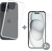 Cazy 2x Tempered Glass Screenprotector + Soft TPU Hoesje geschikt voor iPhone 15 - Flexibel hoesje - Vervaardigd uit TPU materiaal - Transparant