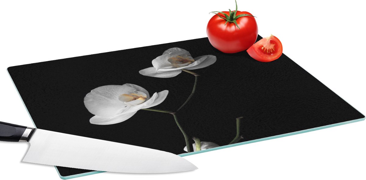 Glazen Snijplank - 39x28 - Orchidee - Bloemen - Zwart - Wit - Stilleven - Snijplanken Glas