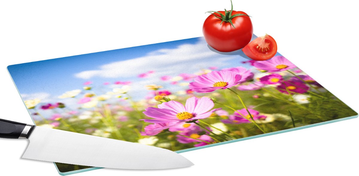 Glazen Snijplank - 39x28 - Bloemen - Wei - Paars - Gras - Wit - Wolken - Blauw - Snijplanken Glas