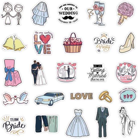 Set Autocollants de mariage-50 Autocollants -pour Album de mariage, Journal, Invitations, Décoration, etc. Thema mariage/amour