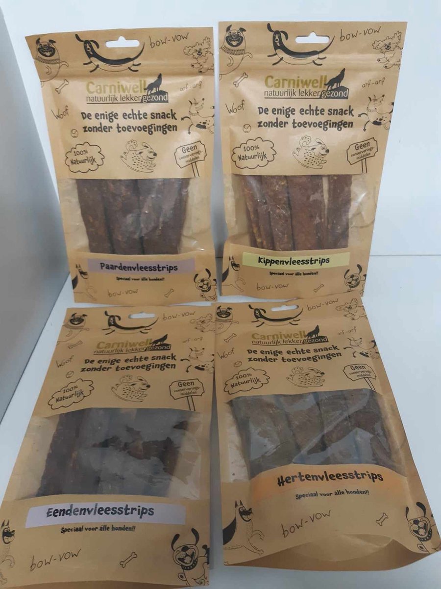 Carniwell - mixpakket natuurlijke strips 4 smaken a 100gr - hondensnacks - hert - paard - eend - kip