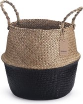 Zeegras mand bloempot, natuurlijke mand, geweven wasmand met handvat, voor planten of speelgoedopslag, zwart, 32 x 28 cm.