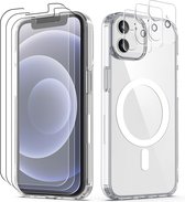Podec Magsafe Hoesje Geschikt voor iPhone 12 Mini - Met 3x Screenprotector + 3x Cameraprotector - Magnetisch met Ring Doorzichtig - Telefoonhoesje Transparant Case