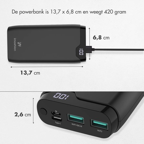 IMOSHION® Batterie Externe 20000mAh Recharge Rapide USB-C micro-USB USB-A  Power Bank Noir - Batterie externe - Achat & prix