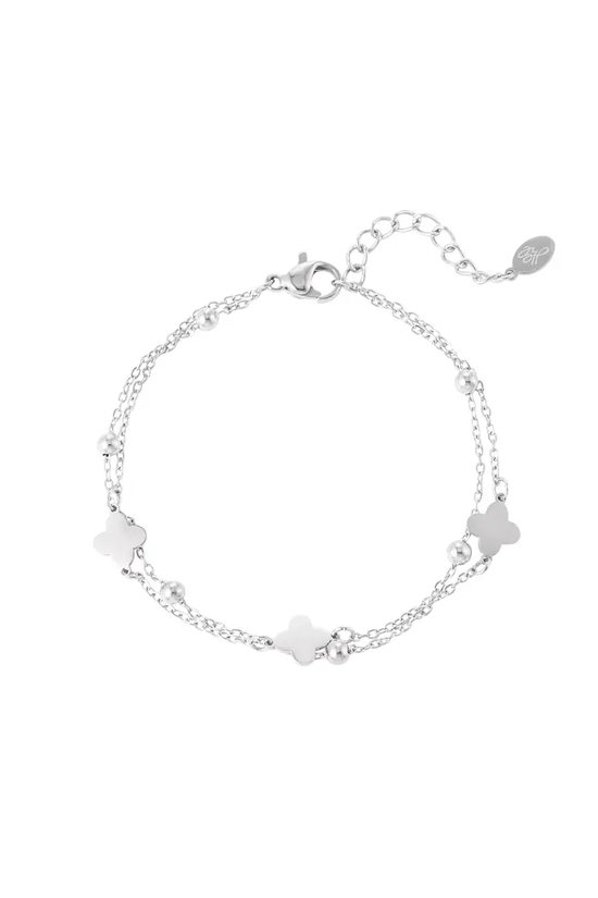 Double bracelet clover/balls - Yehwang - Armband - 16 + 3 cm - Stainless Steel - Zilver