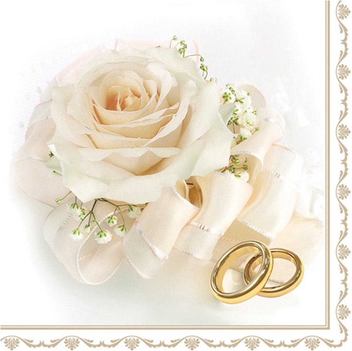 Maki bruiloft servetten - 40x st - 33 x 33 cm - witte roos en ringen - feestservetten