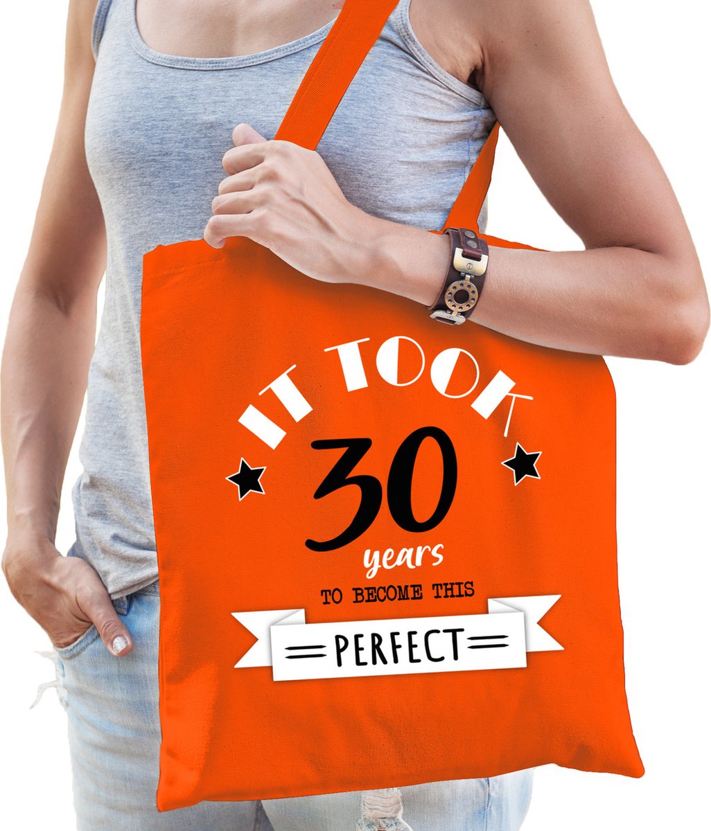 Bellatio Decorations cadeau tas dames - 30 en perfect - oranje - katoen - 42 x 38 cm - dertig