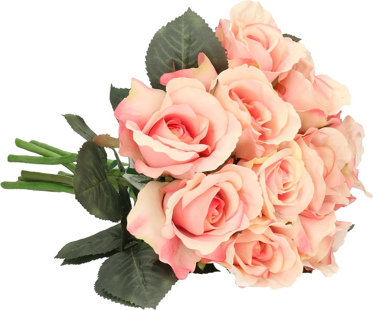 Top Art Kunstbloemen boeket roos Nina - 10x - lichtroze - 27 cm - kunststof steel - decoratie bloemen