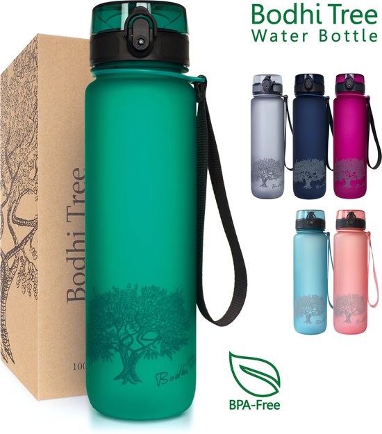 Bodhi Tree Waterfles 1 Liter - Drinkfles volwassenen - Bidon - Sport Cadeau Valentijn Man Vrouw - Water Bottle 1l - Groen