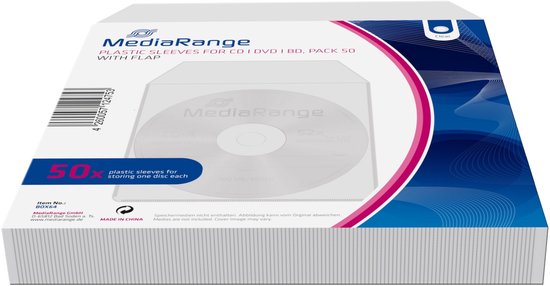 Verpakking van 50 plastic hoezen voor CD/DVD met flap, merk MediaRange.