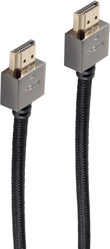 Câble HDMI noir avec connecteurs métalliques, 2,5m de long.
