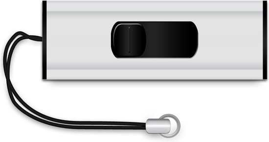 Zilverkleurige USB 3.0 flash drive met schuifmechanisme en zwart koord, op witte achtergrond.