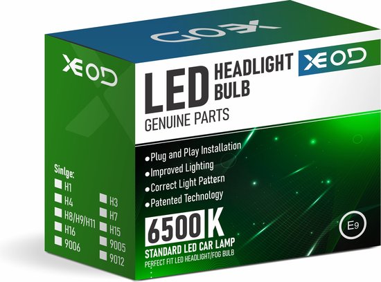 XEOD H8/H9/H11 LED koplamp lamp verpakking, met kenmerken zoals 'Plug and Play', 'Improved Lighting' en '6500K'.