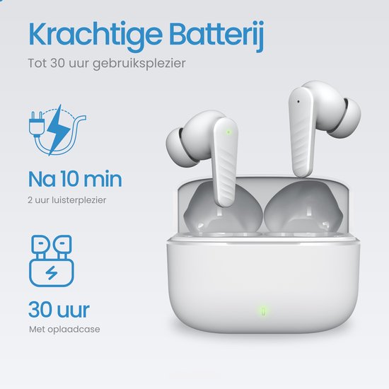 Witte draadloze oordopjes in wit oplaadcase. Tot 30 uur luisterplezier met oplaadcase.