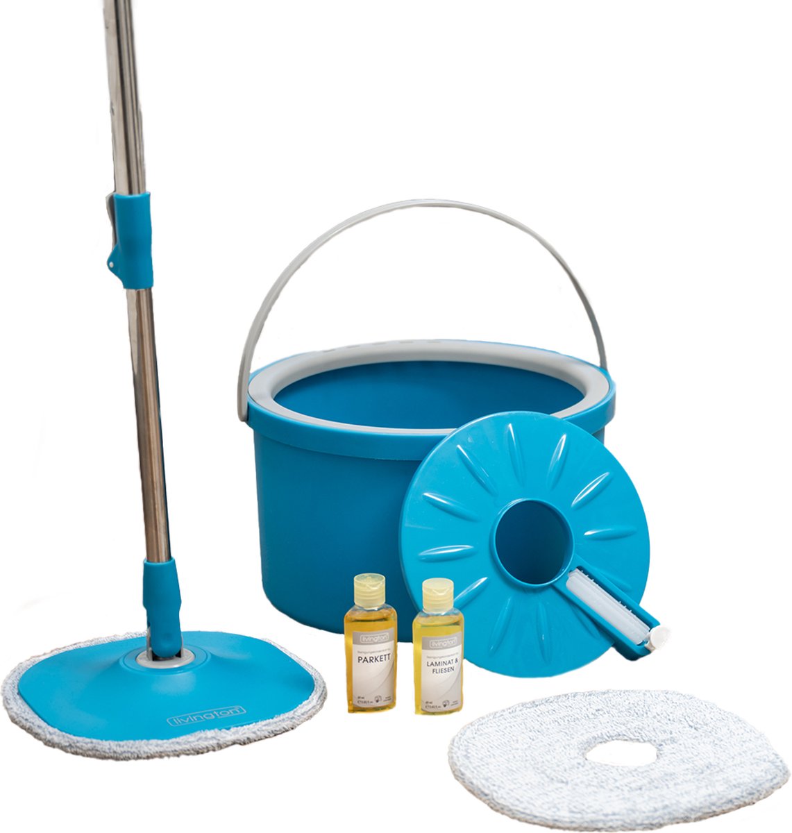 Livington Clean Water Spin Mop friswater-dweilsysteem inclusief reiniger en pads - scheidt vuil water van schoon water - Dweilmop voor elke vloer - 360° draaibare dweilkop - Reinigingsborstel - Livington