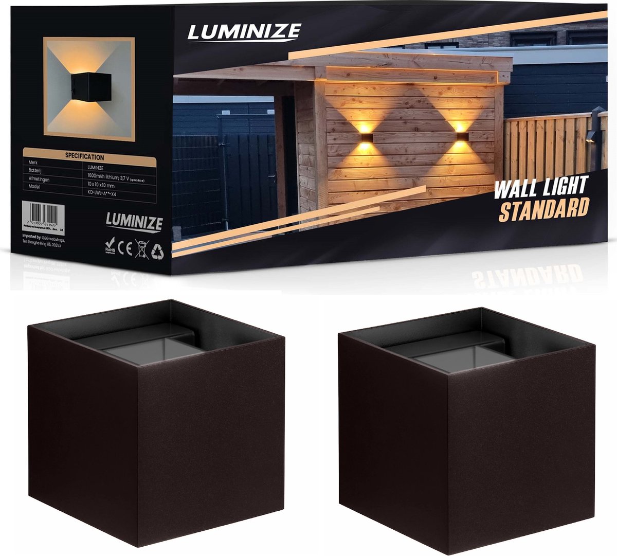 Luminize Wandlamp Zwart 2 stuks - Geschikt voor binnen en buiten - Buitenlamp - 2700K - Netstroom - Zwart - 10x10cm -12w