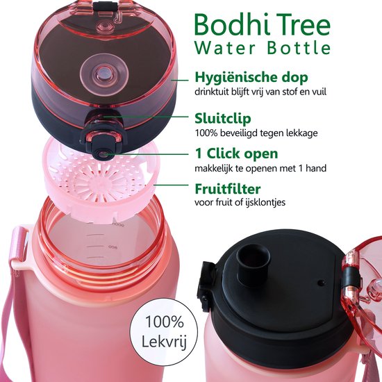 Bodhi Tree® Gourde motivation 1l - Gourdes de motivation pour adultes - Bouteille d'eau avec marqueurs de temps Néerlandais - Étanche - Anti Fuite - Sans BPA - Filtre à fruits - Water Bottle 1 litre - Rose