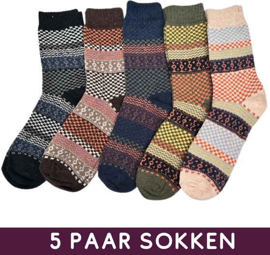 Chaussettes d’hiver chaudes avec laine - Set de 5 paires avec motif Vintage - Chaussettes norvégiennes Femmes/Hommes taille 38-42