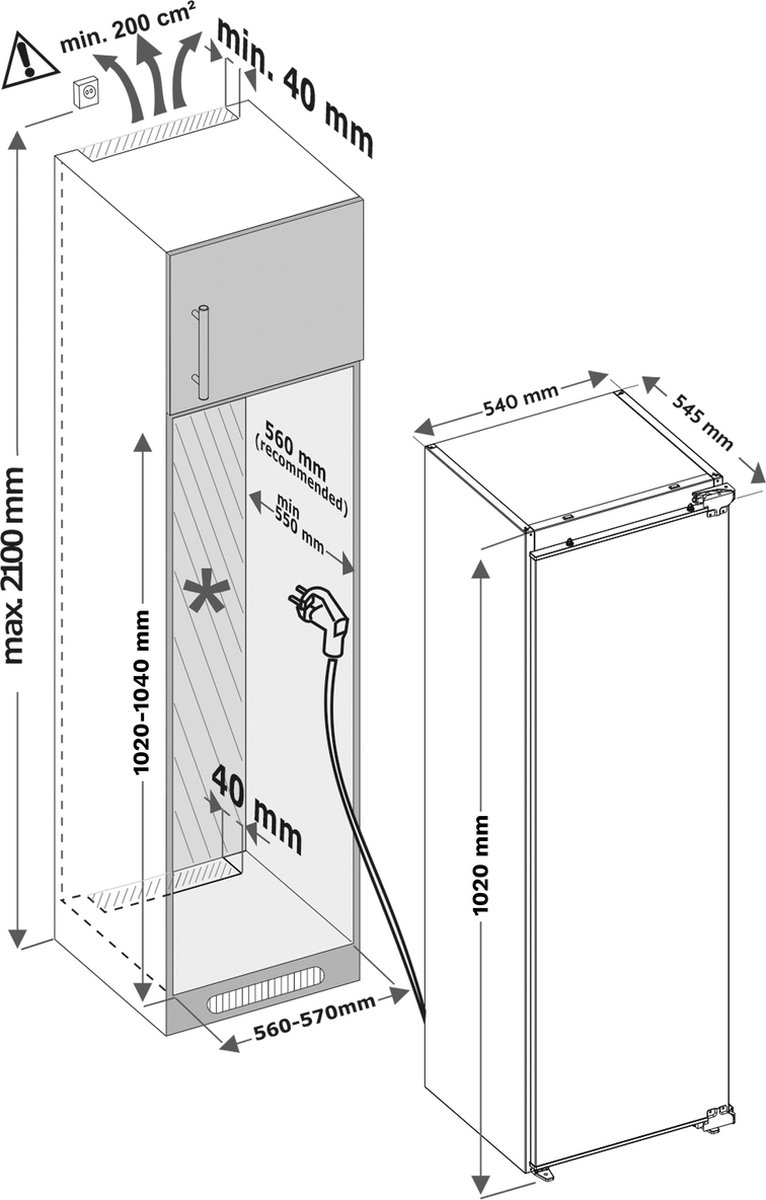 Inventum IKK1022D 102 cm energiezuinige inbouw koelkast - Zeer stil - Koeler - Superkoelen - Deuralarm - 154 liter - Vershoudlade - Deur op deur - Wit — afbeelding 6