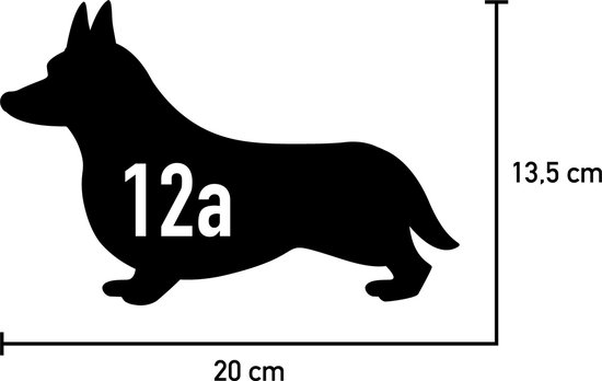 Zwarte silhouet van een Corgi met huisnummer "12a". Afmetingen: 20 cm breed, 13,5 cm hoog.