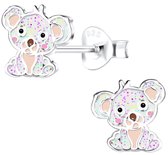 Joy|S - Zilveren koala oorbellen - 8 mm - wit met glittertjes - kinderoorbellen