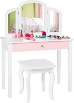 2-in-1 make-uptafelset, kaptafel met drievoudig inklapbare spiegel en lade, prinsessentafel met make-upkruk, make-upcommode kindertafel voor kinderen en meisjes, wit