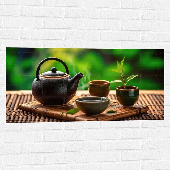 Muursticker - Thee - Rook - Drinken - Heet - Plantje - 100x50 cm Foto op Muursticker