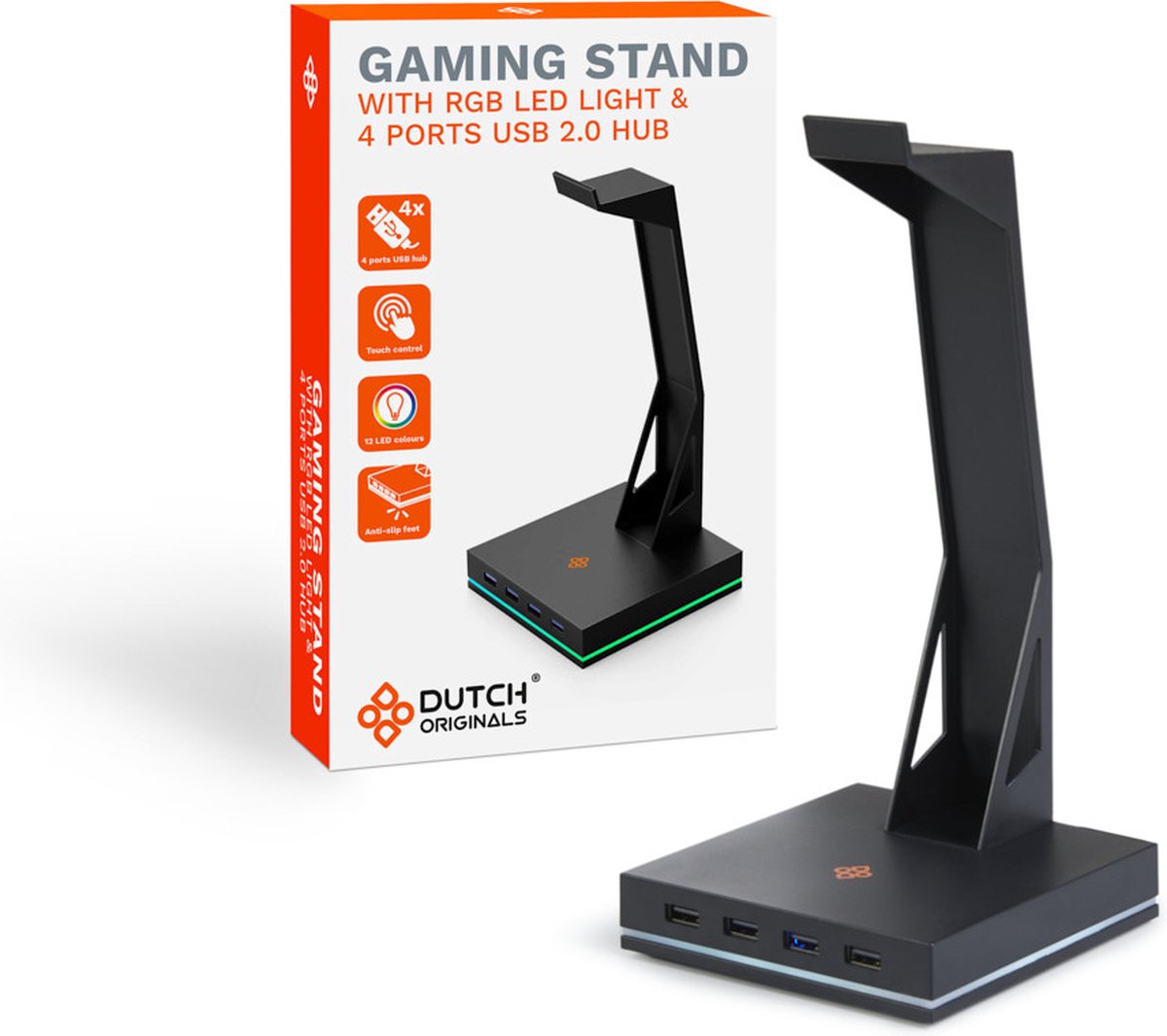 Dutch Originals Headset Stand - LED-licht - Zwart - Anti-slip - 4 USB 2.0 Ports, 12 x 12 x 25.3 cm - Dutch Originals