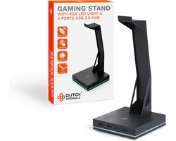 Dutch Originals Headset Stand - LED-licht - Zwart - Anti-slip - 4 USB 2.0 Ports, 12 x 12 x 25.3 cm