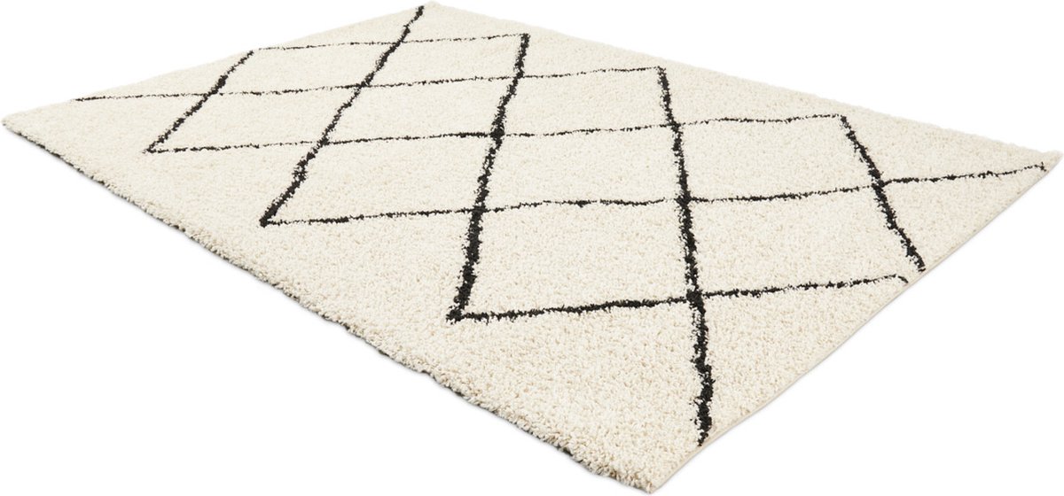 Lifa Living - Vloerkleed Aarhus - Hoogpolig - Geometrische Lijnen - Crème en Zwart - Poolhoogte 2 cm -160 x 230 cm