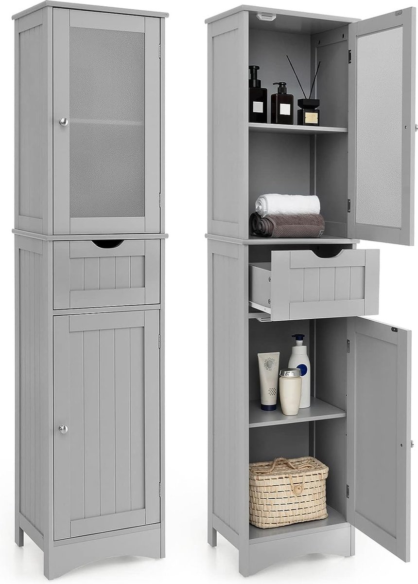170 cm hoge kast voor badkamer, badkamerkast met lade, badkamerkast met verstelbare planken en melkglazen deur, hoge badkamerkast smal, van hout, modern (grijs)