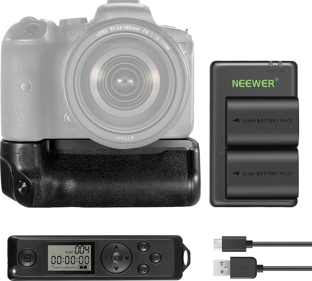 Neewer® - Verticale Vervangende Battery Grip met Afstandsbediening 2.4G en 2 Batterijen 2250mAh LP-E6/LP-E6N/LP-E6NH en Dubbele USB-oplader - Compatibel met Canon EOS R5 R5C R6 R6 Mark II - Verbeter de Prestaties van Je Camera met Deze Grip
