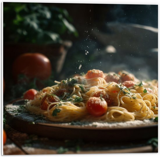 PVC Schuimplaat- Spaghetti - Tomaten - Kaas - Eten - Bord - 50x50 cm Foto op PVC Schuimplaat