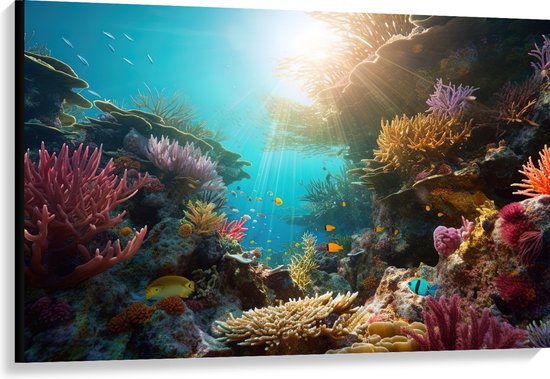 Canvas - Onderwater - Oceaan - Zee - Koraal - Vissen - Kleuren - Zon - 120x80 cm Foto op Canvas Schilderij (Wanddecoratie op Canvas)