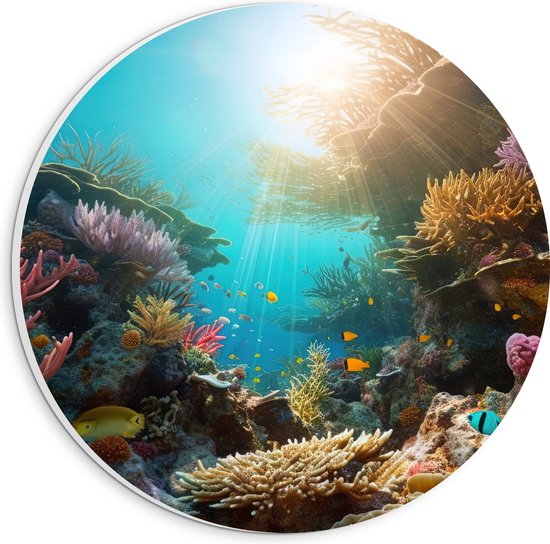 PVC Schuimplaat Muurcirkel - Onderwater - Oceaan - Zee - Koraal - Vissen - Kleuren - Zon - 20x20 cm Foto op Muurcirkel (met ophangsysteem)
