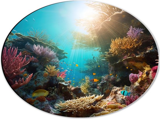 Dibond Ovaal - Onderwater - Oceaan - Zee - Koraal - Vissen - Kleuren - Zon - 40x30 cm Foto op Ovaal (Met Ophangsysteem)
