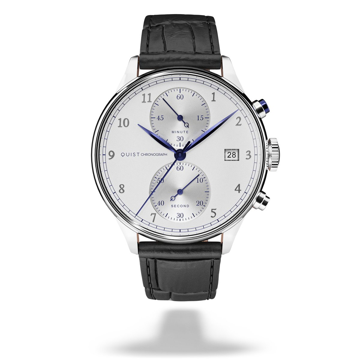 QUIST - Chronograph herenhorloge - zilver - witte wijzerplaat - zwarte croco lederen horlogeband - 41mm