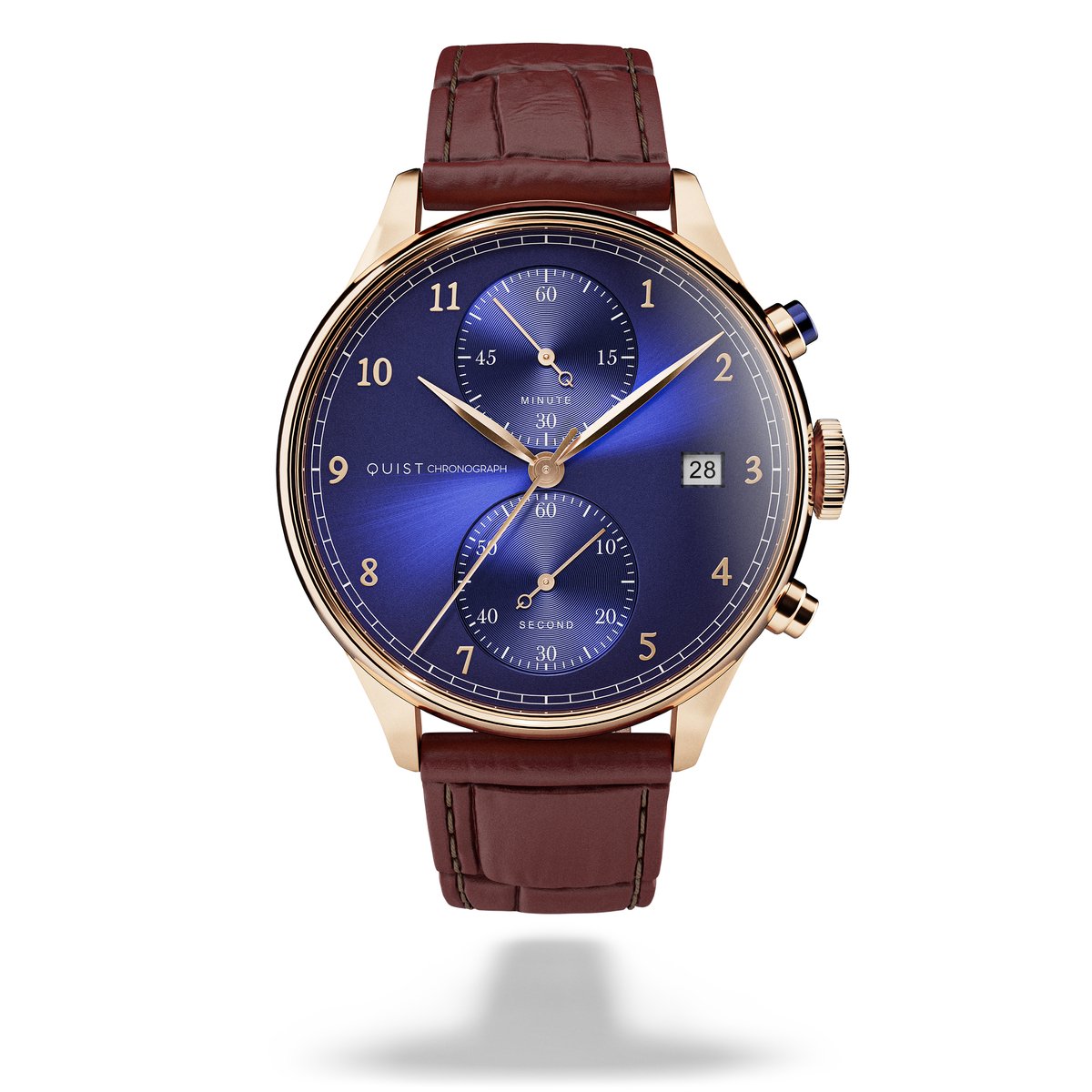QUIST - Chronograph herenhorloge - goud - blauwe wijzerplaat - bruine croco lederen horlogeband - 41mm