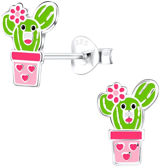 Joy|S - Zilveren cactus oorbellen met hartjes en bloem