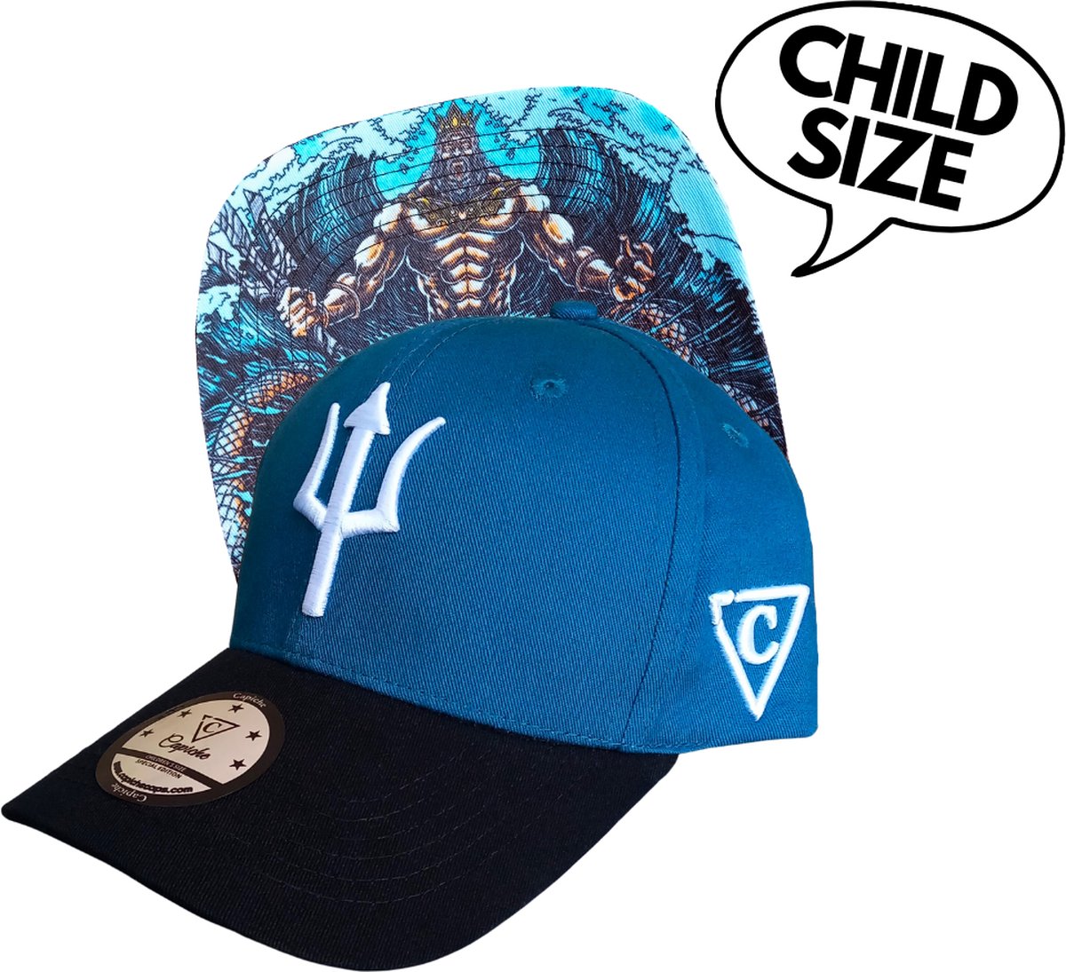 Capiche® Baseball Kinder Pet – Poseidon – Blauw & Zwart – Verstelbaar met Druksluiting – Sportcap – Baseball Cap – Griekse Mythologie – Kindermaat